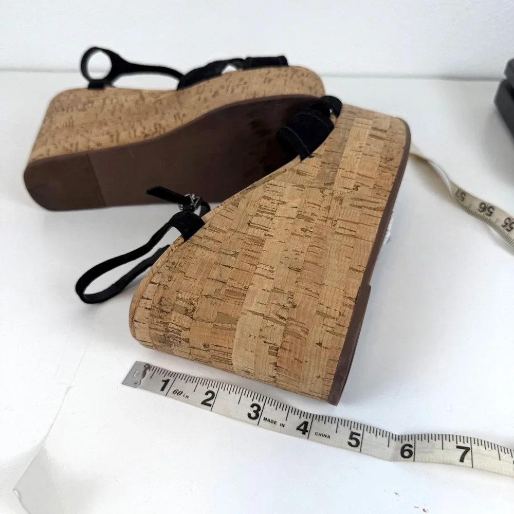 Schutz Black Suede Cork Platform Wedge Sandals Ankle Strap Womens Size 8.5